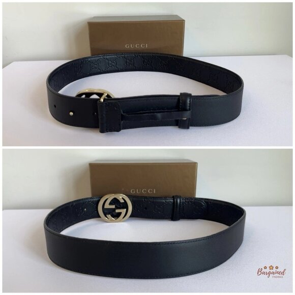 Authentic Gucci Black Guccissima Leather Gold Interlocking G Buckle Belt 75/30 - Picture 5 of 13